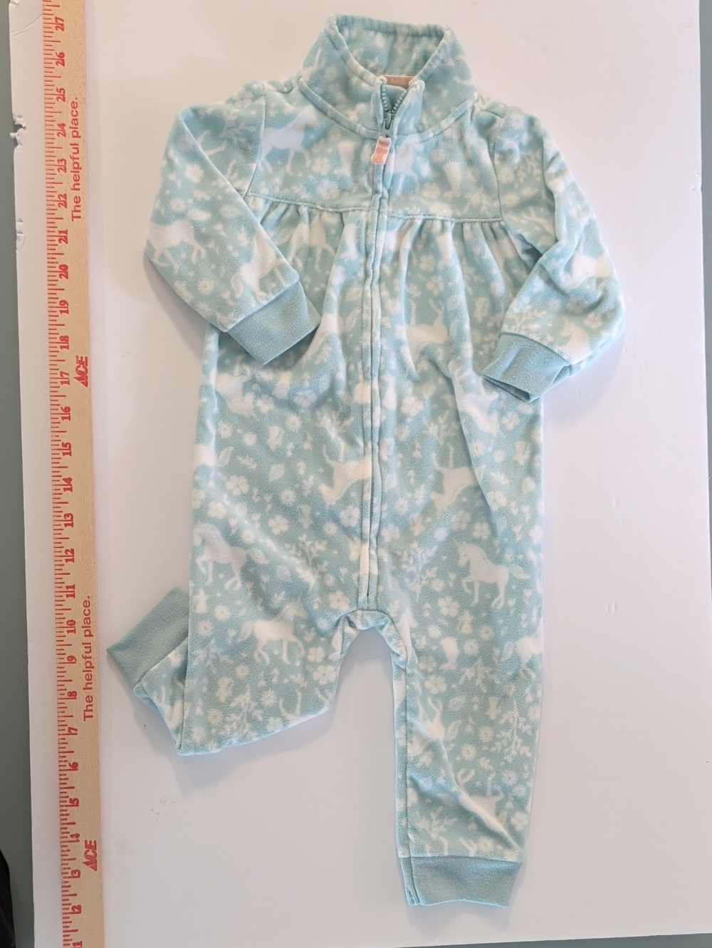 Carter's Fleece One-Piece Romper in Light Blue with White Unicorn Print